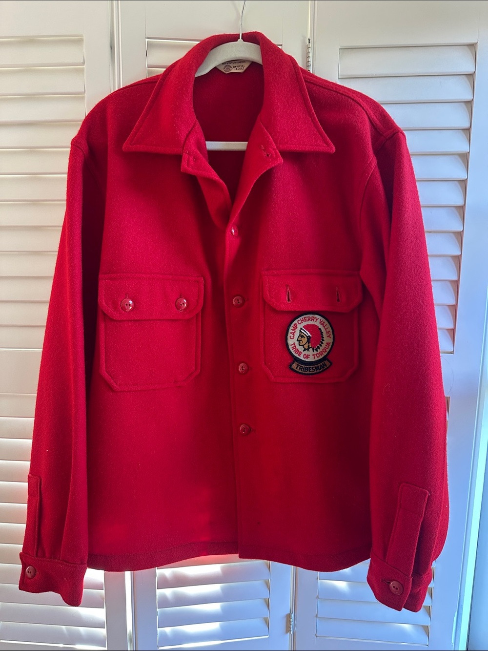 Vintage Boys Scout Camp Leader Red Wool Button-Up Jacket with Patch